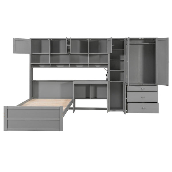 English Elm Wooden Twin Loft Bed with Built-in Desk Wardrobe Storage Drawers and Led Lighting N820S00069E