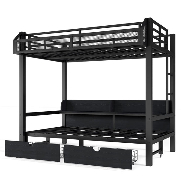 English Elm Twin Over Metal Bunk Bed with Led Lights Usb Ports Drawers and Sofa Conversion W5305S00002
