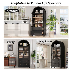 English Elm K&K 71" Arched Kitchen Pantry Cabinet with Glass Doors, Adjustable Shelves, Soft-Close Drawers Black N707P288972B