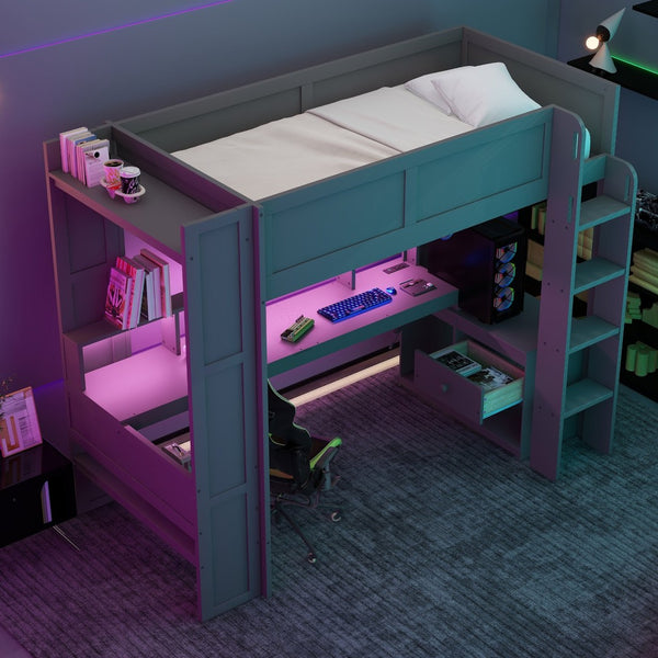 English Elm Wood Twin Loft Bed with Desk Led Lighting Charging Ports and Multi-zone Storage SM000373AAE