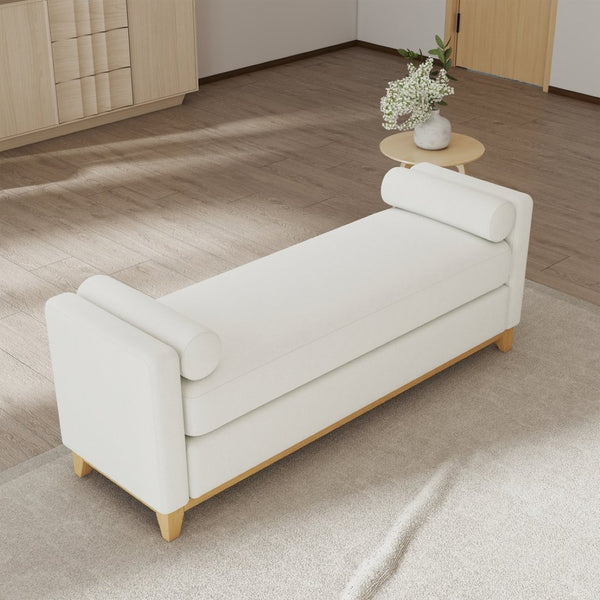 English Elm 66.34 Inch Sherpa Fleece Bench with Fluted Wood Legs Bolster Pillows Mid-century Lounge Beige+Natural W1658P445918