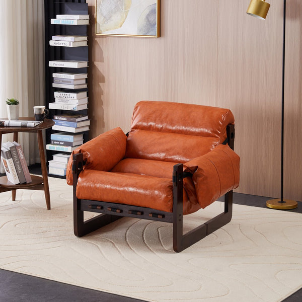 English Elm Medieval premium lounge chair with oil-waxed leather, removable cushion, mortise & tenon frame stability Retro Orange W2989P328541