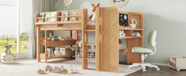 English Elm Twin Low Loft Bed Solid Pine Frame Kids Study Desk Blackboard Storage White W1580S00574