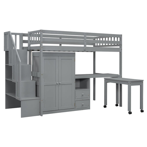 English Elm Queen Murphy Bed with Integrated Desk Cabinet Shelves Space Saving Studio Solution Gray N708S00013E