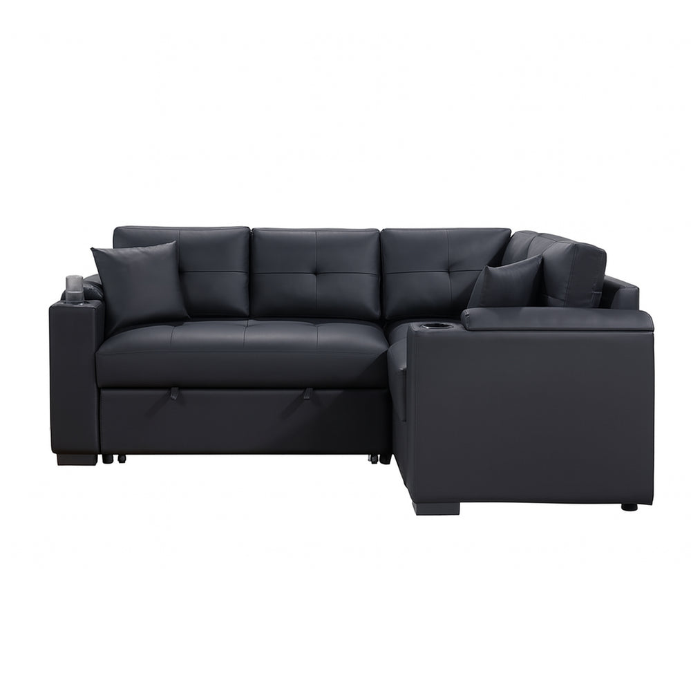 English Elm PVC Sleeper Sectional with USB Ports, Cupholders & Hidden Storage Arms – Convertible Black Sofa Bed B016S00052