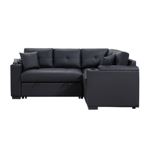 English Elm PVC Sleeper Sectional with USB Ports, Cupholders & Hidden Storage Arms – Convertible Black Sofa Bed B016S00052