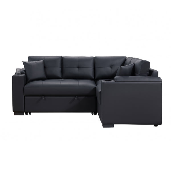 English Elm PVC Sleeper Sectional with USB Ports, Cupholders & Hidden Storage Arms – Convertible Black Sofa Bed B016S00052