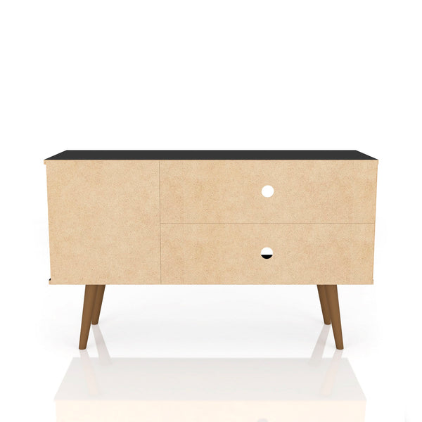 English Elm Liberty 43" TV Stand with Splayed Solid Wood Legs, Wire Management, Open Shelves & Concealed Storage Brown+Blue B365P398330