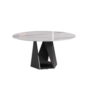 English Elm 59.05" Round Marble Dining Table - Elegant Black Iron Base, Seats 6-8, Modern Sintered Stone Design W1535S00401