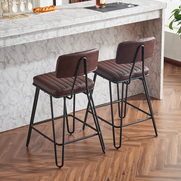 English Elm Industrial Bar Stools Set of 2 — Counter Height PU Leather Seats, Sturdy Metal Frame, Ergonomic Backrest and Footrest for Kitchen Island and Home Bar Brown W1901P264279