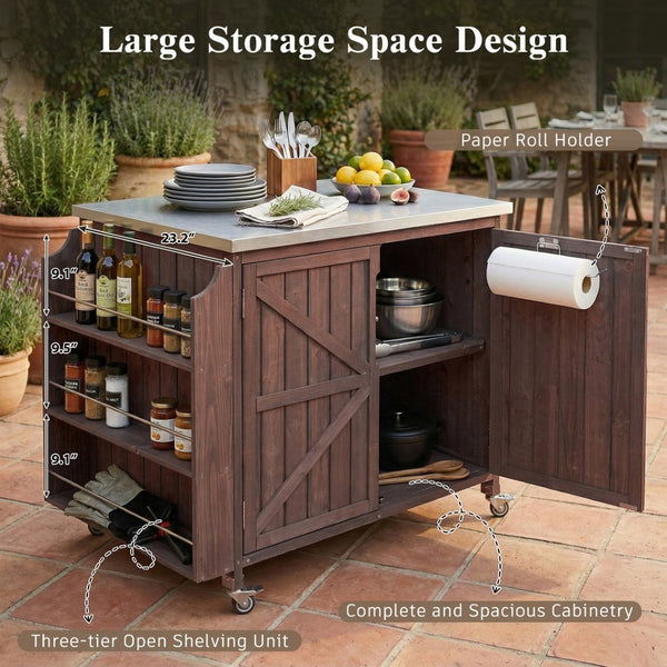 English Elm K&k Rolling Outdoor Kitchen Island Solid Fir Wood Stainless Steel Top Storage Cabinet Dark Brown N707P370287Z