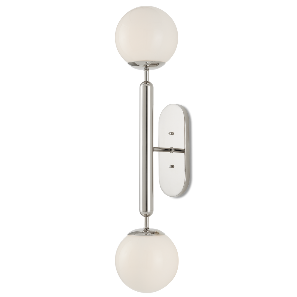 Barbican Double-Light Nickel Wall Sconce - Modern Glass Globe Design for Stylish Bathroom Lighting