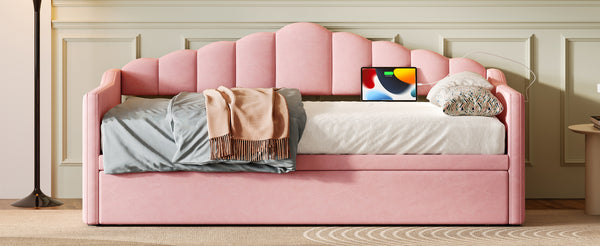 English Elm Upholstered Twin Daybed with Pop-Up Trundle, Built-In USB Type-C Charger, Side Pockets, Velvet Frame Pink 77.25 L x 17.25 W x 5.31 H N733S285118H