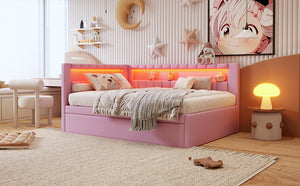 English Elm Upholstered Full Platform Bed with Trundle, Built-In USB Ports & LED Accent, Linen Upholstery Pink DL001925AAH