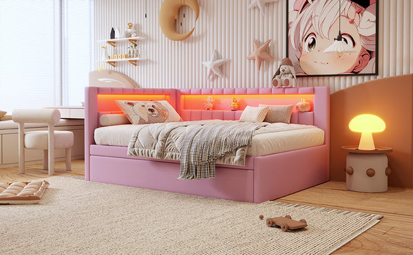 English Elm Upholstered Full Platform Bed with Trundle, Built-In USB Ports & LED Accent, Linen Upholstery Pink DL001925AAH