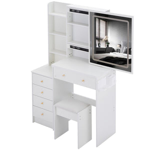 English Elm 37" Vanity Table Set with Led Mirror Stool Built-in Outlets and Hair Dryer Storage White W3258P448846