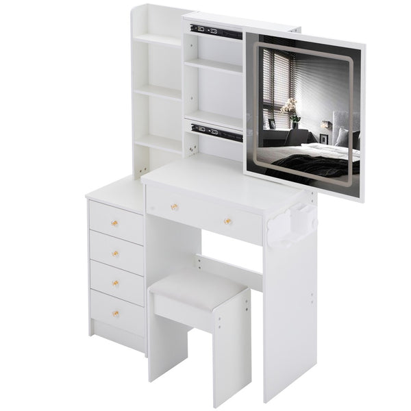 English Elm 37" Vanity Table Set with Led Mirror Stool Built-in Outlets and Hair Dryer Storage White W3258P448846