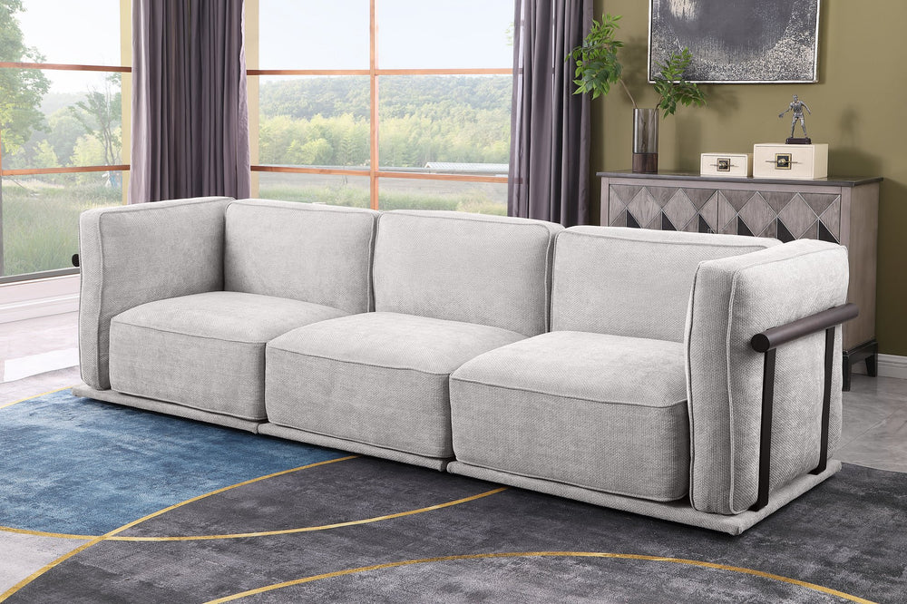 English Elm This modular velvet sofa set in Light Gray with corner module, ottoman, wood & metal armrests, vintage flair W1099S00180