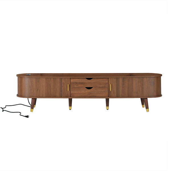 English Elm Wooden Fluted Farmhouse TV Stand & Coffee Table Set with Charging Station, Mid-Century Oval Design Walnut N721S000049D