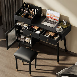 English Elm Modern Makeup Vanity Desk with Reeded Glass Door, 4-Compartment Cubby, Charging Port & Stool Comfortable Craftsmanship for Compact Spaces Black N844P285187B