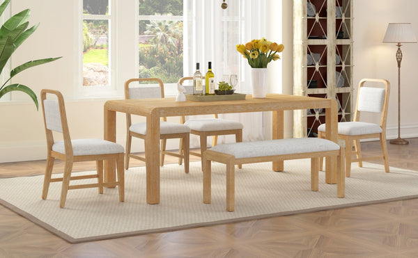 English Elm Trexm Rustic Oak Extendable Dining Set with Upholstered Chairs Bench Seats 6 Natural ST000154AAN
