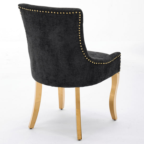 English Elm Chenille Plush Dining Chair with Curved Gold-Plated Legs, Rivet Trim, Textured Upholstery Comfort Black W1143P332685
