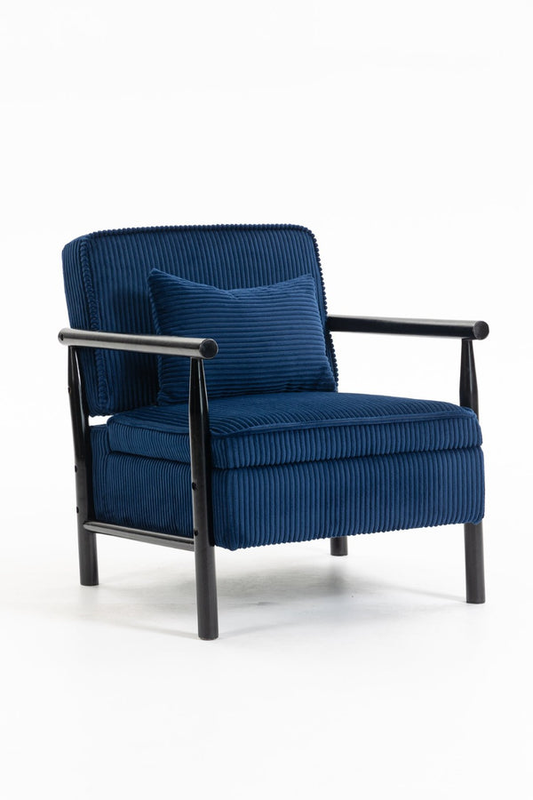 English Elm Storage Accent Chair Mid Century Wood Frame Upholstered Seat with Lumbar Cushion Antique Blue W2530P401447