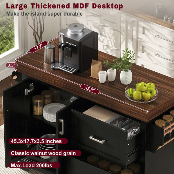 English Elm K&k Rolling Kitchen Island with Walnut Grain Countertop Drawers and Spice Rack Black N707S000025B