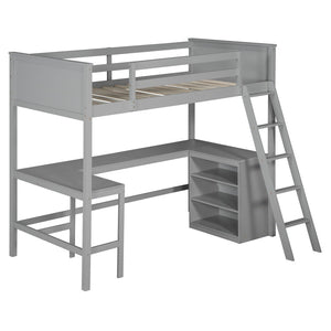 English Elm Twin Loft Bed with Built-in Desk and Open Shelves Solid Pine Kids Study Sleep Gray LT001537AAE-1