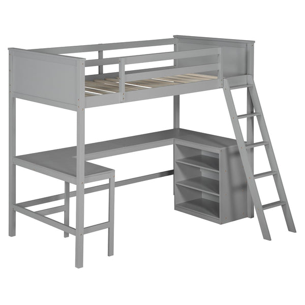 English Elm Twin Loft Bed with Built-in Desk and Open Shelves Solid Pine Kids Study Sleep Gray LT001537AAE-1