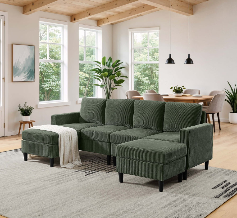 English Elm Cordory Corduroy Modular Sectional with Ottomans Retro Exposed Legs Living Room Dark Green B2748S00033