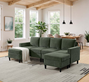 English Elm Cordory Corduroy Modular Sectional with Ottomans Retro Exposed Legs Living Room Dark Green B2748S00033