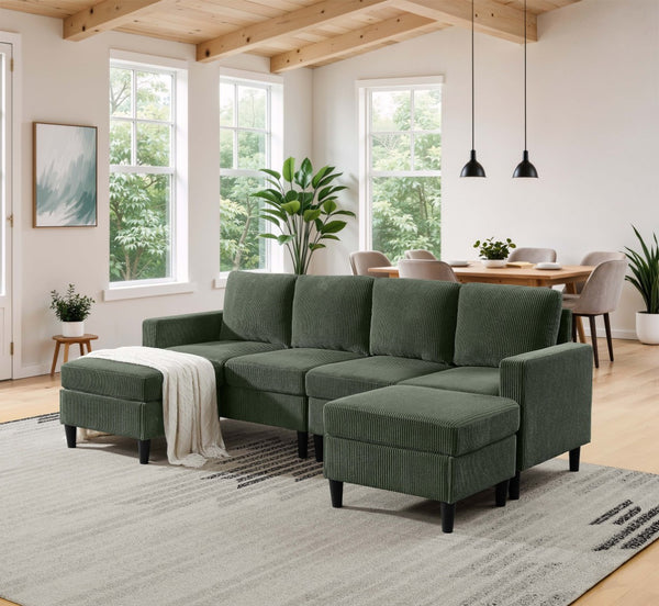 English Elm Cordory Corduroy Modular Sectional with Ottomans Retro Exposed Legs Living Room Dark Green B2748S00033