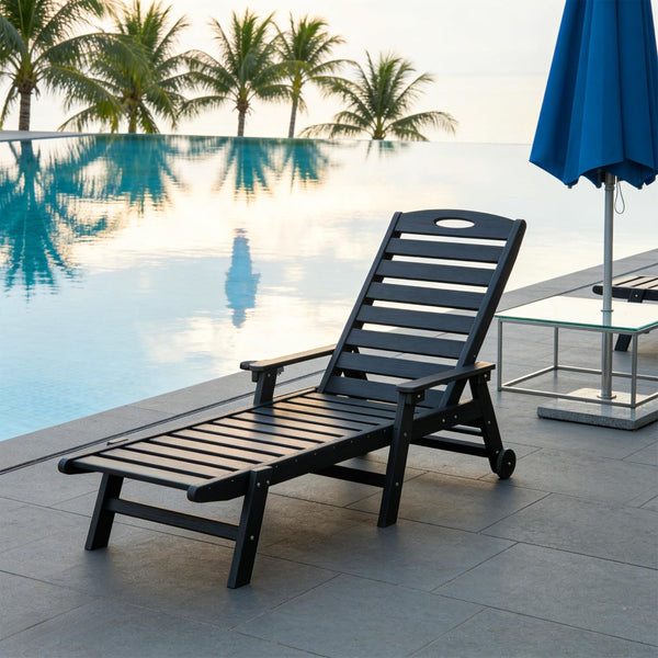 English Elm Patio Hdpe Chaise Lounge Outdoor Reclining Poolside Chair with Built-in Cup Holder Black W1859P478429