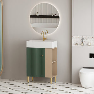 English Elm 21.6" Sage Green Bathroom Vanity Ceramic Sink Soft-close Cabinet Open Shelf Storage W1573S00024