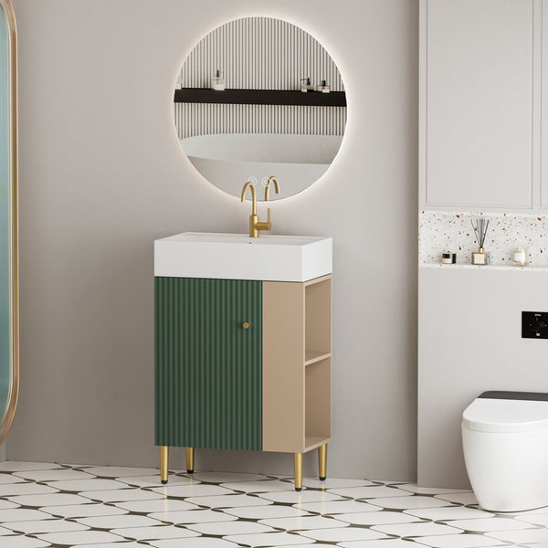 English Elm 21.6" Sage Green Bathroom Vanity Ceramic Sink Soft-close Cabinet Open Shelf Storage W1573S00024