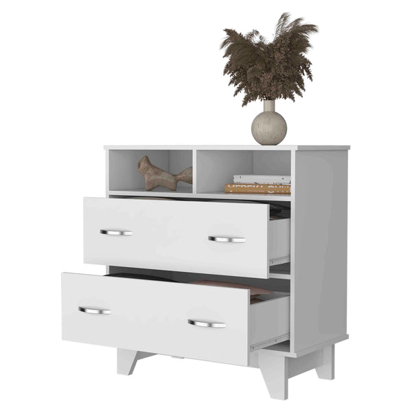 English Elm Portobelo modern two-drawer dresser with open shelves, sturdy top & four legs for stylish storage and display White 36 L x 21 W x 4 H B128S00111