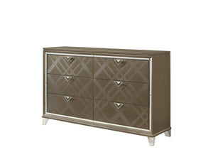 English Elm Skylar Mirrored Beveled 6-Drawer Dresser with Embossed Fronts, Acrylic Legs & Smooth Metal Glides Champagne 68 L x 20 W x 42 H B2726P261236