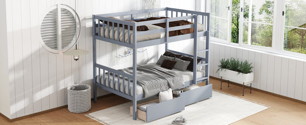 English Elm Twin Bunk Bed With Drawers - Space-Saving Convertible Twin Over Twin Design In Grey With Safety Features W504S00198-GIGA