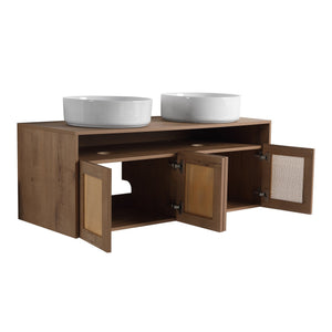 English Elm 48" Imitative Oak Wall Mounted Bathroom Vanity with Ceramic Art Sink, Plywood, 4 Soft-Close Doors, Modern Float Design W999S00399