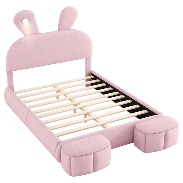English Elm Full Pink Velvet Platform Bed Cartoon Ear Headboard Led Light Storage Stools N709P195300H-1