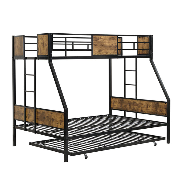 English Elm Twin Metal Bunk Bed Over Full with Trundle, Side Ladder, Full Guardrail, 11" Storage, Easy Assemble W2297P397394