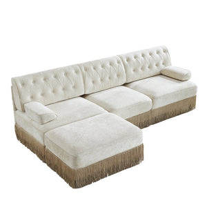 English Elm 3-seater Velvet Modular Sectional Sofa with Button Tufting Tassel Skirt Living Room Beige W714S01686