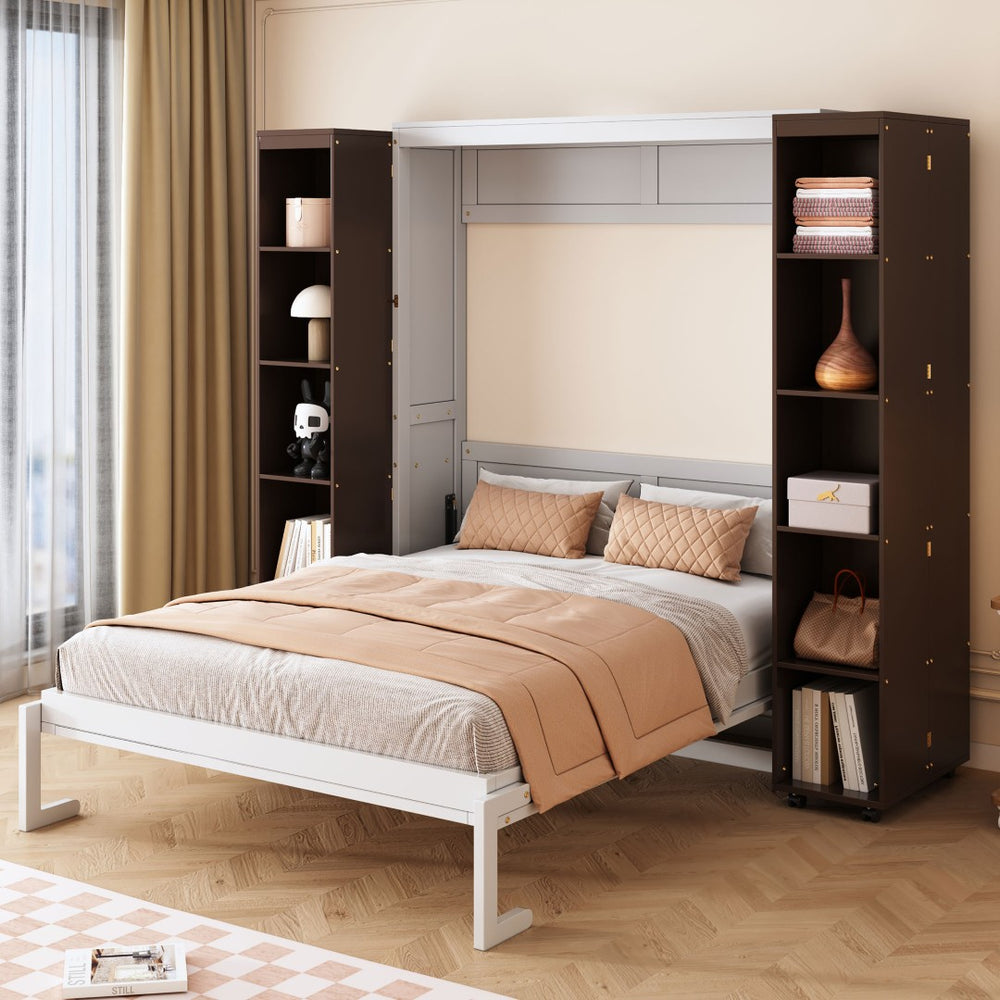 English Elm Queen Murphy Wall Bed with Hydraulic Lift and Push Pull Cabinet Storage Unit Espresso LP000381AAP