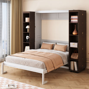English Elm Queen Murphy Wall Bed with Hydraulic Lift and Push Pull Cabinet Storage Unit Espresso LP000381AAP