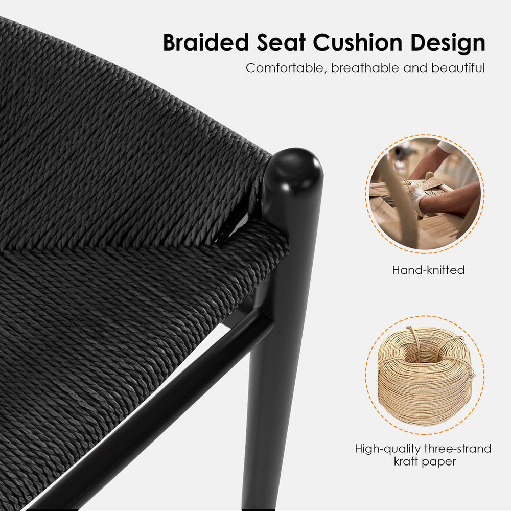 English Elm Wishbone Rattan Barstool with Woven Papercord Seat, Solid Ash Wood, Eco-Friendly Finish, Fully Assembled Black T3623P379811