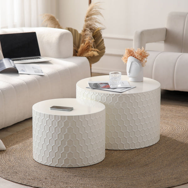 English Elm Stylish Honeycomb Nesting Coffee Tables Set — Modern Round Drum Design, Durable MDF, Space-Saving Pair Beige W757P206008