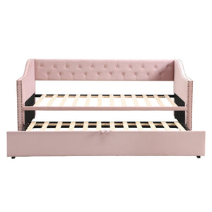 English Elm Twin Upholstered Daybed with Pop-Up Trundle, Space-Saving Guest Bed with Slats, Hydraulic Wheels, 81.9" L Pink SF000133AAH