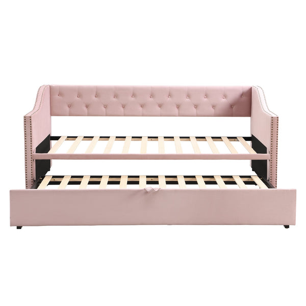 English Elm Twin Upholstered Daybed with Pop-Up Trundle, Space-Saving Guest Bed with Slats, Hydraulic Wheels, 81.9" L Pink SF000133AAH