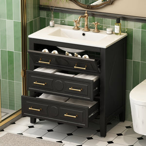 English Elm 30'' Bathroom Vanity with Ceramic Sink, Solid Wood Frame Retro Style Vanity with 3 Drawers & Gold Handles Black N710P246209B
